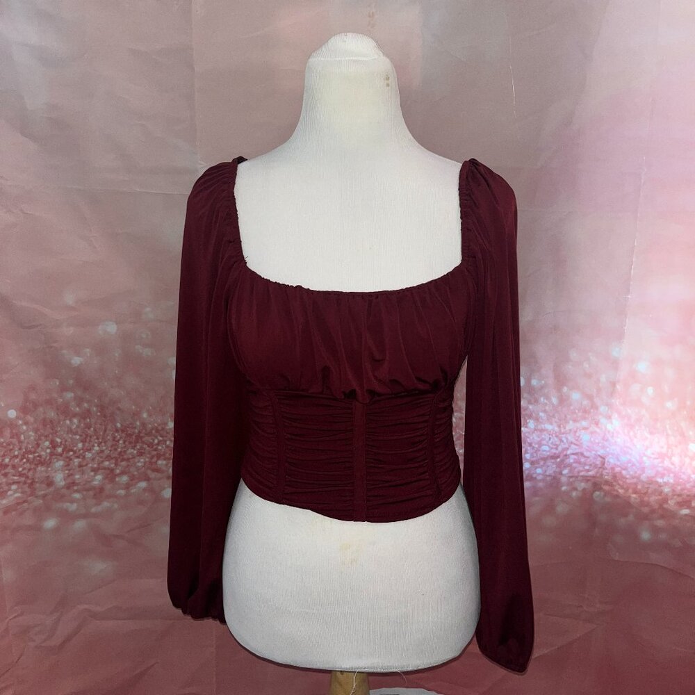 Forever 21 Maroon Puff Long Sleeve Ruched Shirt Size M